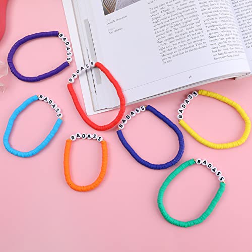Rainbow Heishi Surfer Bracelets Set for Women Stackable Clay Beaded Bracelets Disc Stretch Preppy Bracelets Layering Colorful Friendship Bracelets Team Cheer Bulk Boho Summer Beach Jewelry Gift - style: BADASS