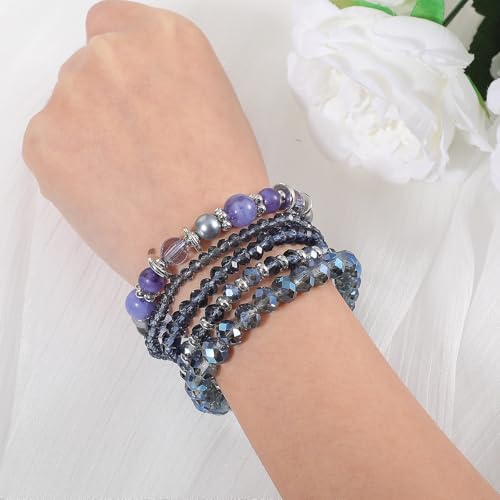 5Pcs Beaded Bracelets for Women, Bohemian Glass Faceted Crystal Beads Bracelet, Stackable Boho Disco Ball Stretch Bracelets, Multilayered Purple Jewelry Gift for Women, Mother's Day - color: Blue