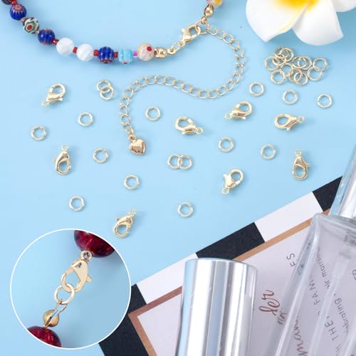 30pcs Lobster Claw Clasps & Jump Rings, 14K Gold Plated Metal Lobster Clasps, Jump Rings Jewelry Finding Kit for Necklace Bracelet Jewelry Making - color: 14K Gold-30pcs