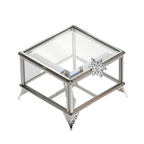Glass Vintage Jewelry Box Keepsake storage Trinket Ring Display Box Home Decor Beveled Clear Glass Box Organizer(4.3x4.3x3.5Inches) - color: Antique silver