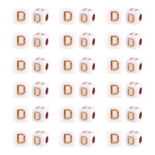 FASHEWELRY 500Pcs White Golden Letter Beads 4.5mm Square Alphabet Beads Acrylic Cube Letter D Beads for Friendship Bracelet Necklace Keychains Jewelry Making - color: Letter D