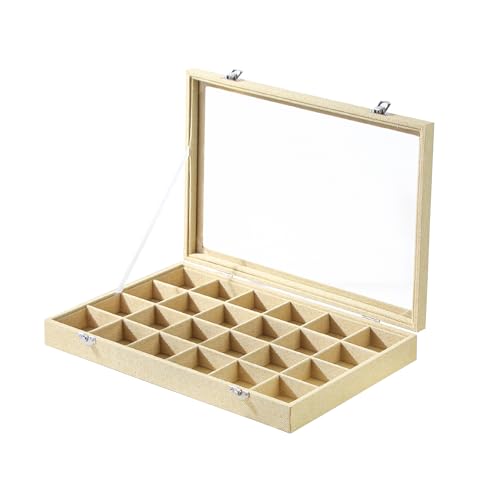 Coward Jewelry Organizer Box, Yellow Linen 24 Grids Ring Earring Jewelry Display Tray Case with Transparent Glass Lid for Home Drawer or Shop Selling - color: Yellow Linen, size: 24Grids Box