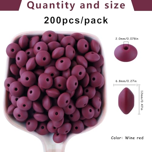 Sunrony 200Pcs Silicone Lentil Beads for Keychain Making, Bulk 12mm Silicone Abacus Spacer Beads for Necklace Bracelet Making Pens(Wine Red) - color: G-Wine red
