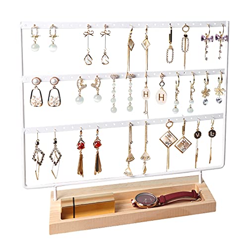 sovia Earring Organizer 3-Tier 75 Holes Jewelry Organizer Display Stand,Metal Earring Holder with Wood Basic stand,Necklace holder Storage Tray for Ring,Earrings,Ear Stud,Bracelets(White) - color: White