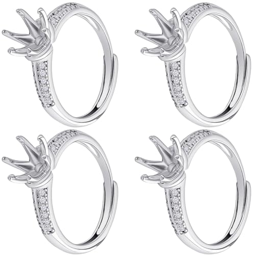 Beebeecraft 1 Box 4Pcs Prong Ring Blanks 925 Sterling Silver Plated Adjustable Prong Ring Setting Component Findings for Jewelry Making Kit Supplies