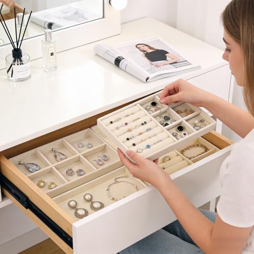 Velvet Jewelry Organizer for Drawer, 6-Piece Stackable Jewelry Trays with Removable Dividers, Drawer Organizer Inserts Set with 2 Cleaning Cloths for Women Dresser Vanity, Beige