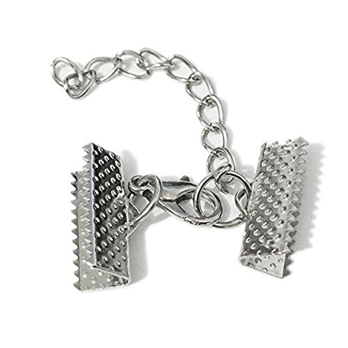 10 Set Ribbon Clamp Crimp Ends Beads Flat Cover With Lobster Claw Swivel Clasps Extension Chain Jump Rings Cords End Caps String Leather Clip Foldover Necklace Bracelet Connectors (Rhodium Crimp 16mm) - color: Rhodium Crimp 16mm