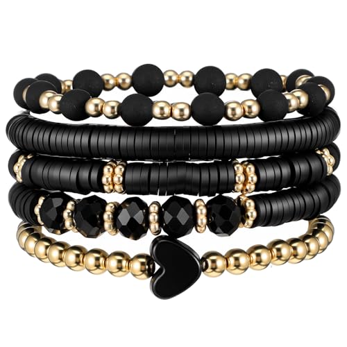 5Pcs Beaded Bracelets for Women, Bohemian Glass Faceted Crystal Beads Bracelet, Stackable Boho Disco Ball Stretch Bracelets, Multilayered Purple Jewelry Gift for Women, Mother's Day - color: Black 1