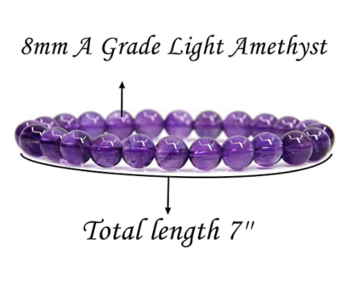 Angelstones Handmade Natural Healing Gemstone 8mm Round Beads Stretch Crystal Bracelet 7 Inch Unisex - color: Dream Light Amethyst