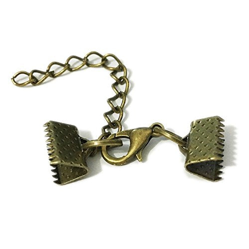 10 Set Ribbon Clamp Crimp Ends Beads Flat Cover with Lobster Claw Swivel Clasps Extension Chain Leather Clip Foldover Necklace Bracelet Connectors (Bronze Crimp 10mm) - color: Bronze Crimp 10mm
