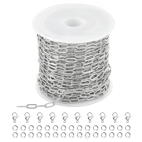 Kyutong 16.4 Feet Stainless Steel Chain Link with Spool Soldered Silver Chains for Jewelry Making 3MM Paperclip Necklace Chains Bulk for DIY Craft Bracelet Ankle Finding Supplies - color: 3mm Paperclip Silver