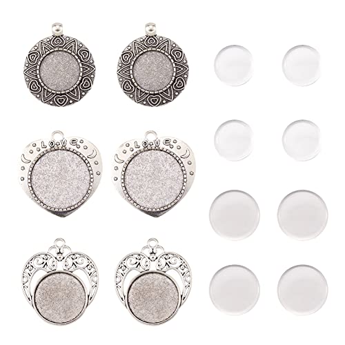 FASHEWELRY 6 Sets Tibetan Style Round Bezel Pendant Trays with Clear Glass Cabochon Dome Tiles for Photo Pendant Craft Jewelry Making - color: Heart & Flat Round