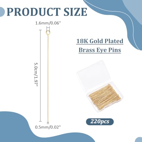 220Pcs Head Pins 18K Gold Plated Flat Head Eye Pins Jewelry Pins Needles 50mm for Earring Charms Pendants Necklace Jewelry Making Findings Accessory Supplies DIY Craft - size: 50x0.5mm