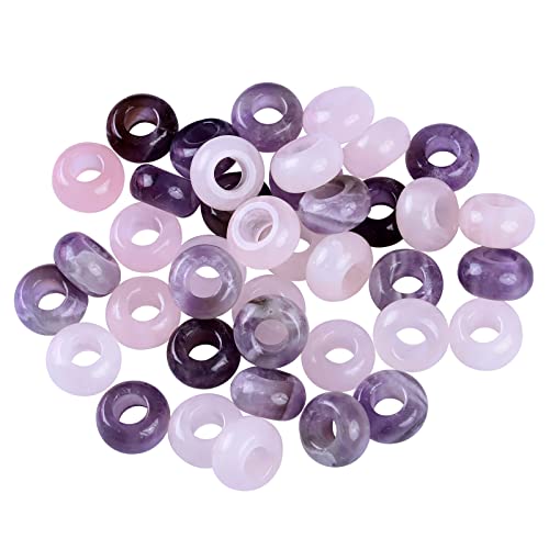 TUMBEELLUWA 40pcs Crystal Stone Large Hole Beads for Jewelry Making Macrame Beads for Hair Braids(14mmx8mm), Amethyst + Rose Quartz - color: Pink+Purple