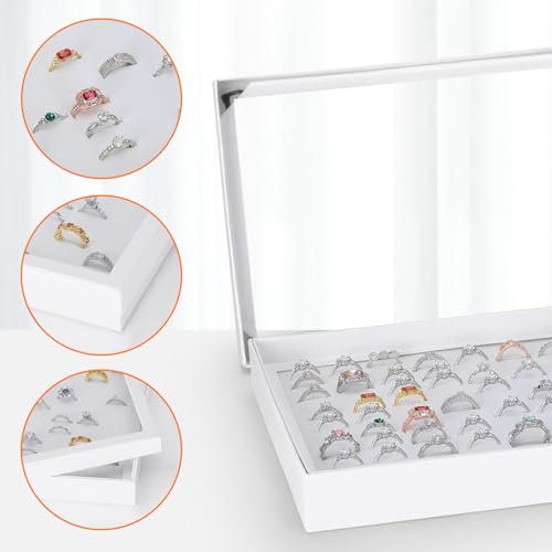 KUKUVR 100 Slots Ring Earring Holder Display Case, Velvet Jewelry Ring Earring Storage Organizer Box Tray with Clear Lid for Women And Selling Show (White) - color: White