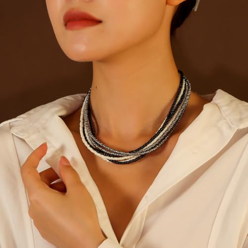 Multilayer Seed Beaded Necklaces for Women Bohemian Bead Choker Necklace Statement Layered Bead Necklaces Summer Jewelry Gift - color: Black