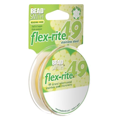 The Beadsmith Flex-Rite Beading Wire - 49-Strand Nylon-Coated Stainless-Steel Wire, 0.018" (0.45 mm) Dia, Metallic Gold, 30 ft Spool, Durable Necklace & Bracelet String, for Jewelry Making Supplies - color: Metallic Gold, size: .018” Dia - 30 Ft