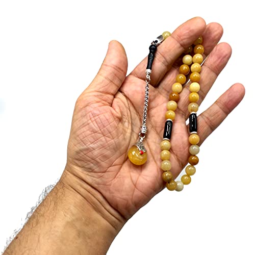 Simple Designed Natural Stone Worry Beads - Prayer Beads Tesbih-Tasbih-Tasbeeh-Misbaha-Subha-Sebha-Sibha-Rosary (Yellow Jade Natural Stone -8 mm 33- Beads/Drop Tassel) - color: Yellow Jade Natural Stone -8 mm 33- Beads / Drop Tassel