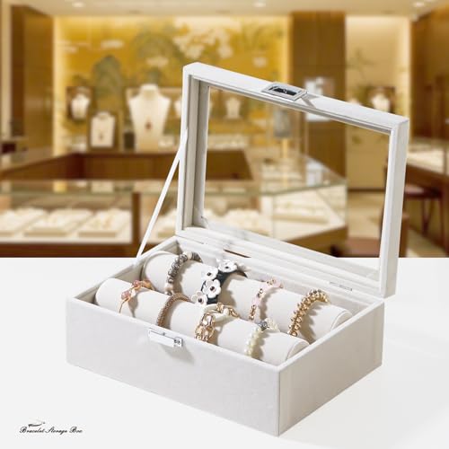 Bracelet Display Holder with Rods for Bangles Watches, Jewelry Organizer Box Storage Case with Clear Lid (Beige) - color: Beige