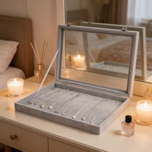 Wudygirl 20 Hooks Necklace Organizer Velvet Jewelry Organizer Showcase for Necklaces Jewelry Box Stackable Glass Top Lockable (Necklace Organizer) - style: Necklace Tray