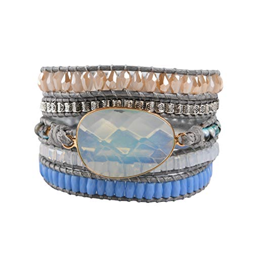 YGLINE Women Boho Handmade Natural Stone Crystal Leather Bead Wrap Bracelets Collection - color: Opal-5w
