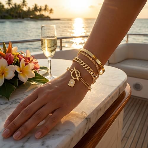 YEEZII Gold Hand Chain Bracelets for Women, 2 Pcs 14k Gold Plated Cubic Zirconia Link Chain Bracelet Set, Trendy ring bracelet hand chain Jewelry for Her - color: Gold-B