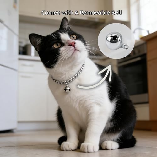 Silver Cat Chain Collar with Removable Bell,Adjustable Cuban Link Metal Necklace, Cute Pet Jewelry for Cats & Small Dogs