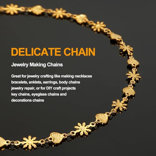 KYUNHOO 4.3 Yard Stainless Steel Heart Chain for Jewelry Making Gold Plated Flower Chains Bulk with Lobster Clasps and Jump Rings for Necklace Bracelet Crafting - color: FLower Gold