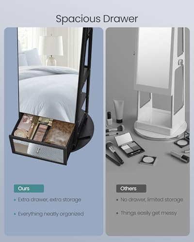 SONGMICS 360° Swivel Jewelry Cabinet, Full-Length Arched Mirror with LED Lights, Magnifying Mirror, Storage Shelves, Drawer, Ink Black UJJC030BC01 - color: Ink Black