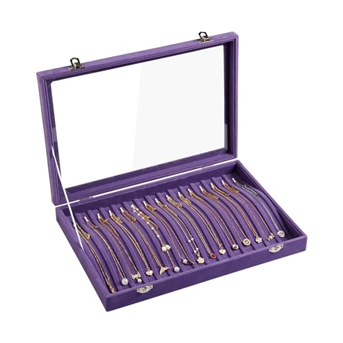 Frebeauty 15 Hooks Necklace Tray Velvet Neckalce Organizer with Clear Lid Lockable Necklace Holder Box Jewelry Organizer for Pendants Chains Necklace Jeweley Tray for Women (Purple) - color: Purple