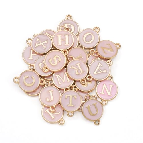 KISSITTY Flat Round with Alphabet Connector Charms Alloy Enamel Letter Links Connectors for DIY Bracelet Earring Jewelry Making - color: Pink