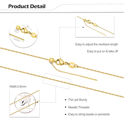 Crisjanggo 10 Pack 20 Inches Gold Adjustable Thin Necklace Chain Bulk for Jewelry Making Gold Plated Stainless Steel Chains with Lobster Clasps for Women - color: Gold Circle