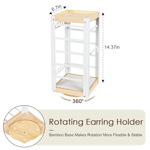 keomaisyto Earring Holder Organizer, Rotating Jewelry Holder with Ring Tray/Bracelet/Necklace Hooks, 360°Earring Organizer with Stable Bamboo Base for Jewelry Display, White - color: White & Grey