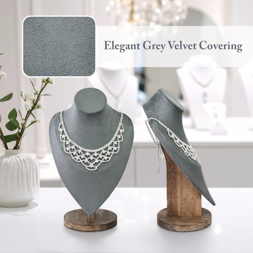 MOOCA Necklace Chain Jewelry Display Holder, Jewelry Stand, Necklaces Display Mannequin Bust Stand, Wood Sturdy Base, Grey Suede with Walnut Base - color: Grey Suede with Walnut Base