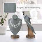 MOOCA Necklace Chain Jewelry Display Holder, Jewelry Stand, Necklaces Display Mannequin Bust Stand, Wood Sturdy Base, Grey Suede with Walnut Base - color: Grey Suede with Walnut Base