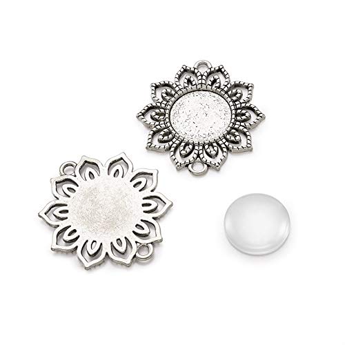FASHEWELRY 10 Sets Alloy Flat Round Flower Edge Bezel Pendant Trays with Glass Cabochons Tibetan Style Blank Base Connector for DIY Photo Pendant Making - color: 18mm-10 Sets
