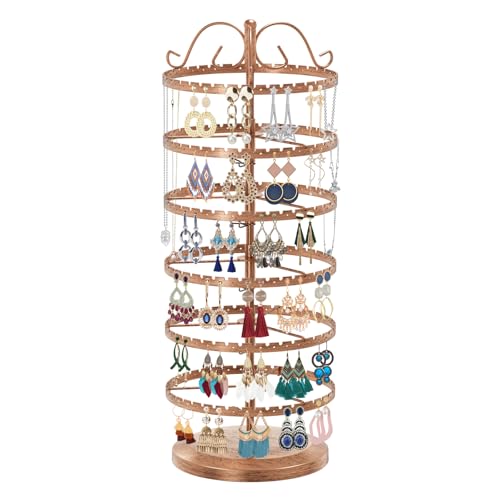LASZOLA 6 Tier Bronze Earring Holder Organizer Tree Women Display Storage for Stud and Hoop, Large Cool Rotating Clip Stand for Pierced and Dangle Earring, Vertical Metal Tower Carousel with 480 Holes - color: Brown, size: 6 Tier, 480 Holes