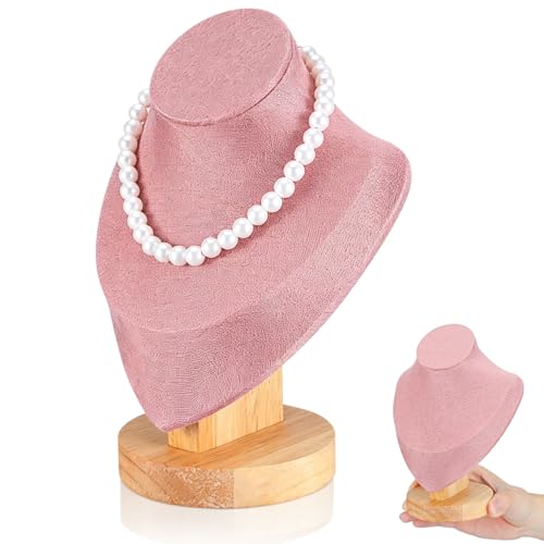 Pink Mannequin Bust Jewelry Organizer - Necklace Holder Stand with Wood Base for Home and Shop Display, 7.67 X 5.90 X 3.54 Inches