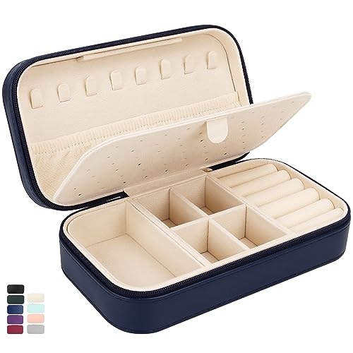 DesignSter Travel Jewelry Box, PU Leather Portable Jewelry Case, Small Jewelry Boxes for Gifts, Travel Jewelry Organizer for Women Rings Earrings Necklaces Bracelets (Dark Blue) - color: Dark Blue