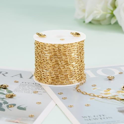 KYUNHOO 16.4FT/5M Stainless Steel Paperclip Chain Roll Gold Plated Jewelry Making Chains Spool Bulk Jewelry Links with Lobster Clasps Jump Rings for Crafting DIY - color: Paperclip Gold