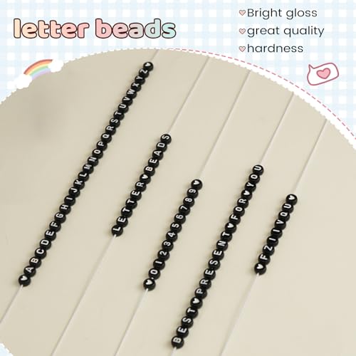 FZIIVQU 1400 Pcs Letter Beads Kit, 28 Styles White Acrylic Alphabet Beads Letter Beads for Jewelry Making wiht Number Beads Heart Beads Friendship Bracelet Kit - color: White Letters & Black Base, size: 4*7mm
