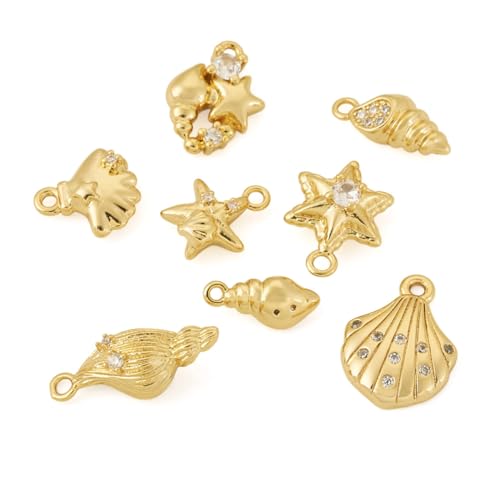 Cheriswelry Ocean Animal Charms 8Pcs 18K Gold Plated Metal Pendants Starfish Conch Shell Cubic Zirconia Charms 10-16.5mm for DIY Necklace Bracelet Earring Jewelry Making Summer Beach Decoration - color: Gold-8pcs