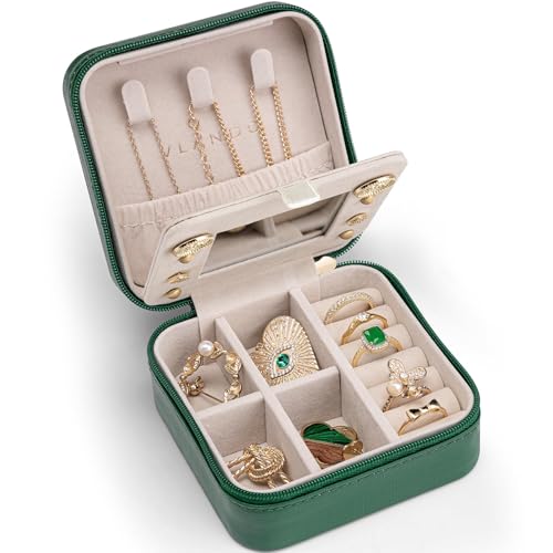VLANDO Small Travel Jewelry Box Organizer - Girls Women Gift Rings Earrings Necklaces Jewelry Storage Display Case with Mirror Dark Green - color: Dark Green, size: B. with Mirror