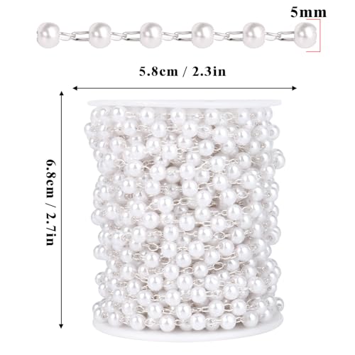 33 Feet Silver Pearl Beads Chains Roll, 5mm Faux Pearls Beaded Silver Plated Brass Cable Link Chain Spool Bulk for Jewelry Making DIY Craft - color: 5.0MM Silver Color