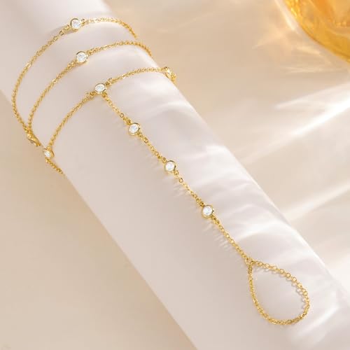 CHESKY 14K Gold Plated Hand Chain Bracelets for Women Set - Dainty Finger Ring Bracelet Stack Adjustable Hand Chains Durable Beaded Bracelets Trendy Simple Body Jewelry Gift for Women - style: 3CZ bracelet-gd