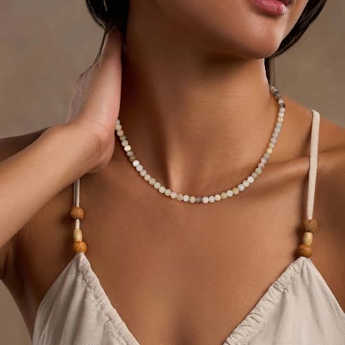 Crystal Choker Necklaces for Women,4mm Handmade Natural Stone Choker Beaded Necklace Healing Crystal Necklace Gemstone Bead Necklaces for Women - color: Amazonite