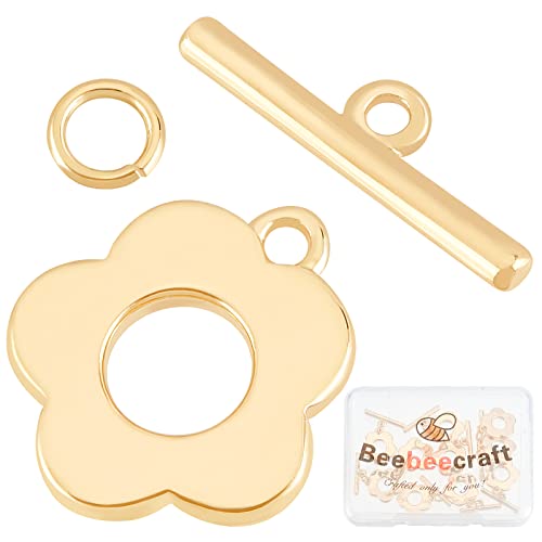 Beebeecraft 10 Sets 18K Gold Plated Toggle Jewelry Clasps Connectors Flower Toggle T Bar Clasps Sets for Necklace Bracelet Earring Making, 14.5x13mm - color: #4