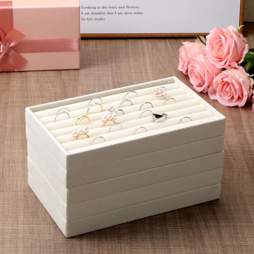 9 Set Velvet Jewelry Drawer Organizer Inserts, Stackable Jewelry Organizer Trays with Removable Dividers, Jewelrys Storage Display Tray, for Earring Ring Necklace Watch Bracelet, Beige