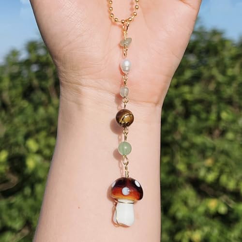 Car Rear View Mirror Accessories Witchy Car Hanging Ornament, Mushroom Rearview Decor Charm Handmade Green Jade Beaded Crystal Cute Boho Swinging Interior Decor for Women Men - color: Mushroom01