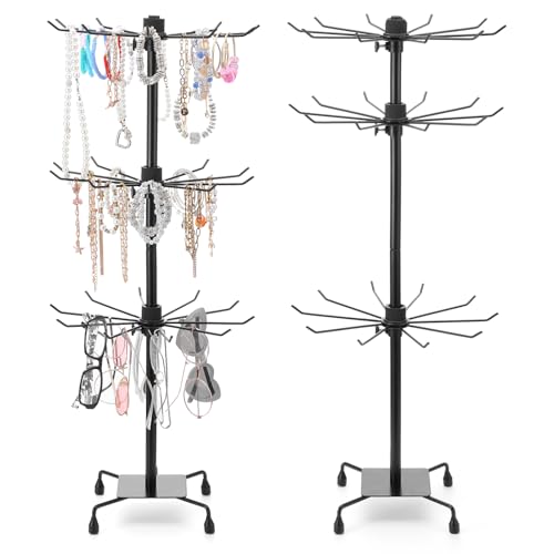 Kifmurase 2PCS Rotating Display Stand Metal Spinner Display Rack with Hooks Adjustable Height Holders for Earrings Necklace Key Rings, 3 Tiers Retail Vendor Jewelry Display Rack(Black)